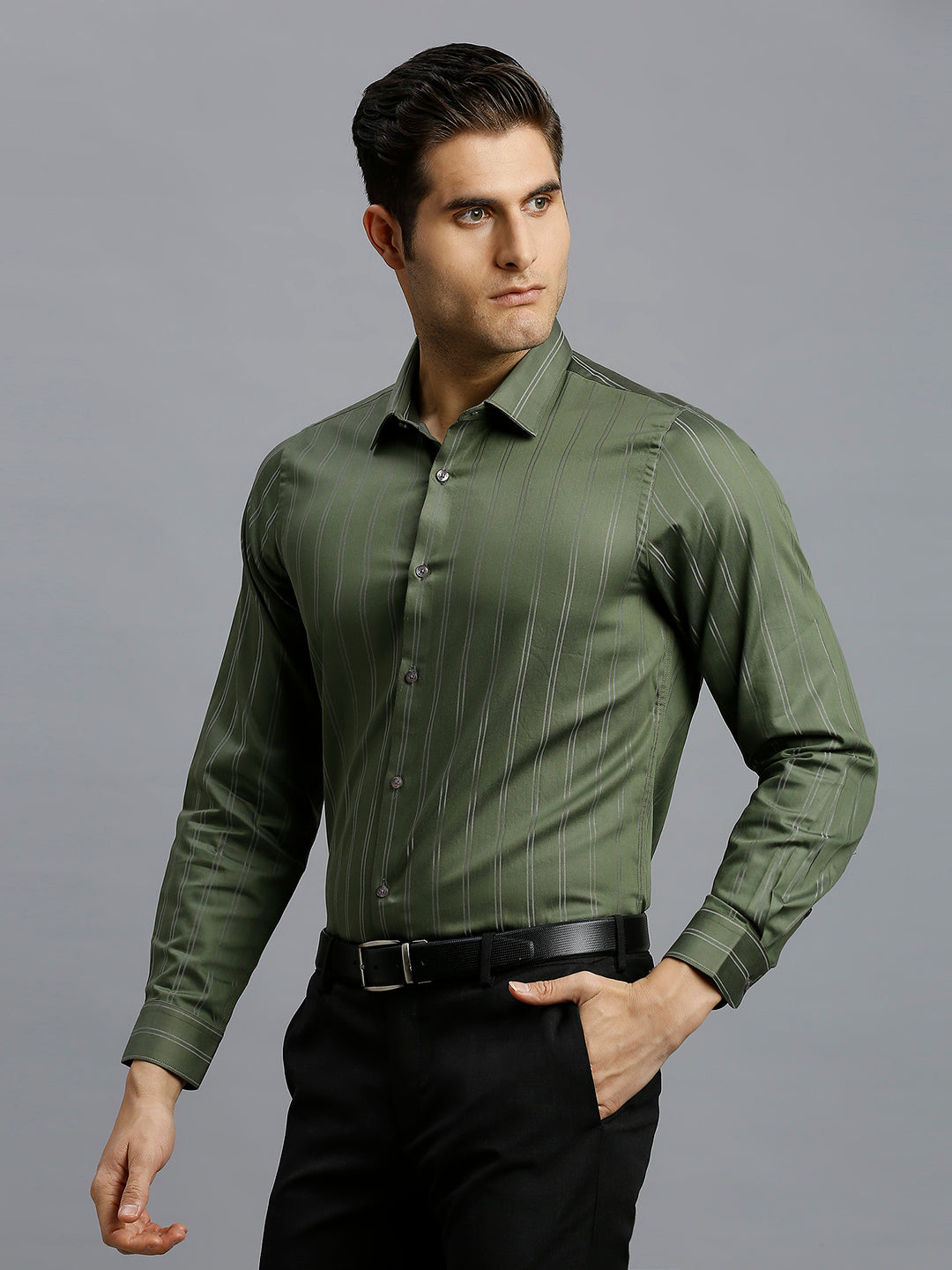 Olive Stripe 100% Cotton Slim Fit Formal Full Sleeve Shirt