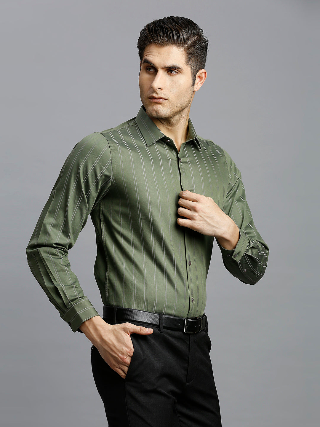 Olive Stripe 100% Cotton Slim Fit Formal Full Sleeve Shirt