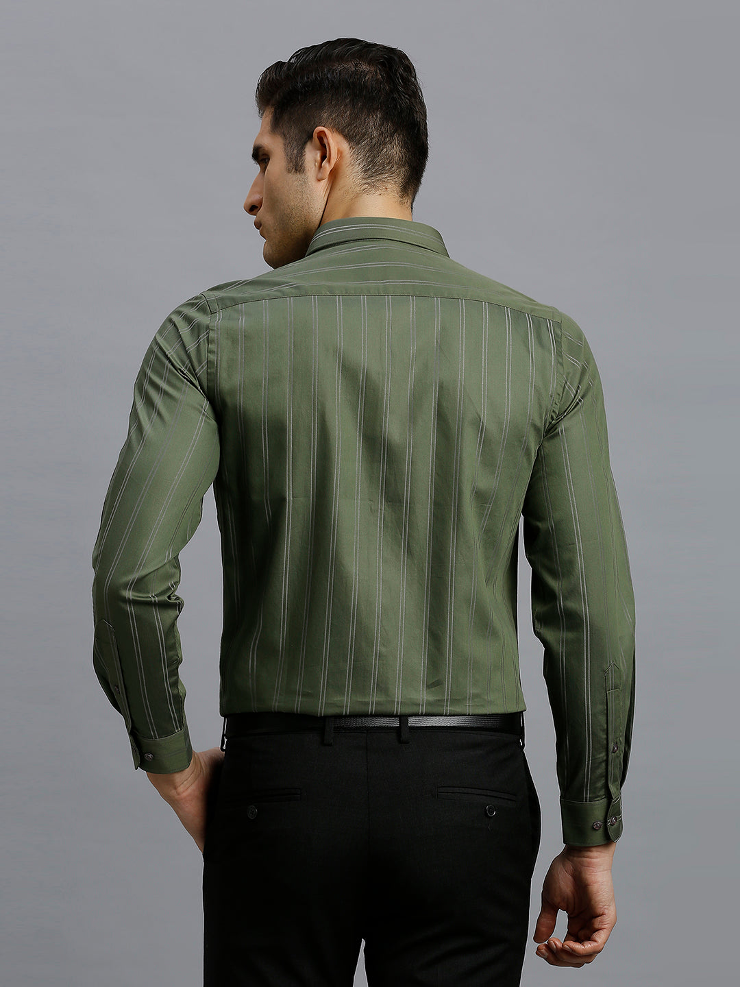 Olive Stripe 100% Cotton Slim Fit Formal Full Sleeve Shirt