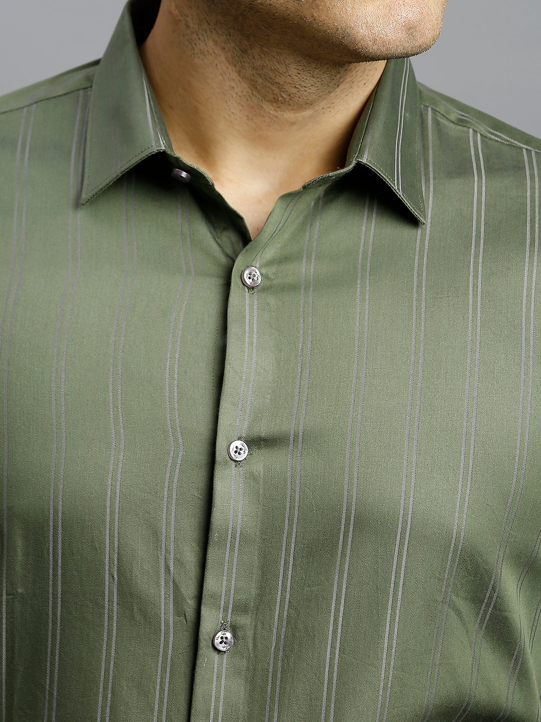 Olive Stripe 100% Cotton Slim Fit Formal Full Sleeve Shirt