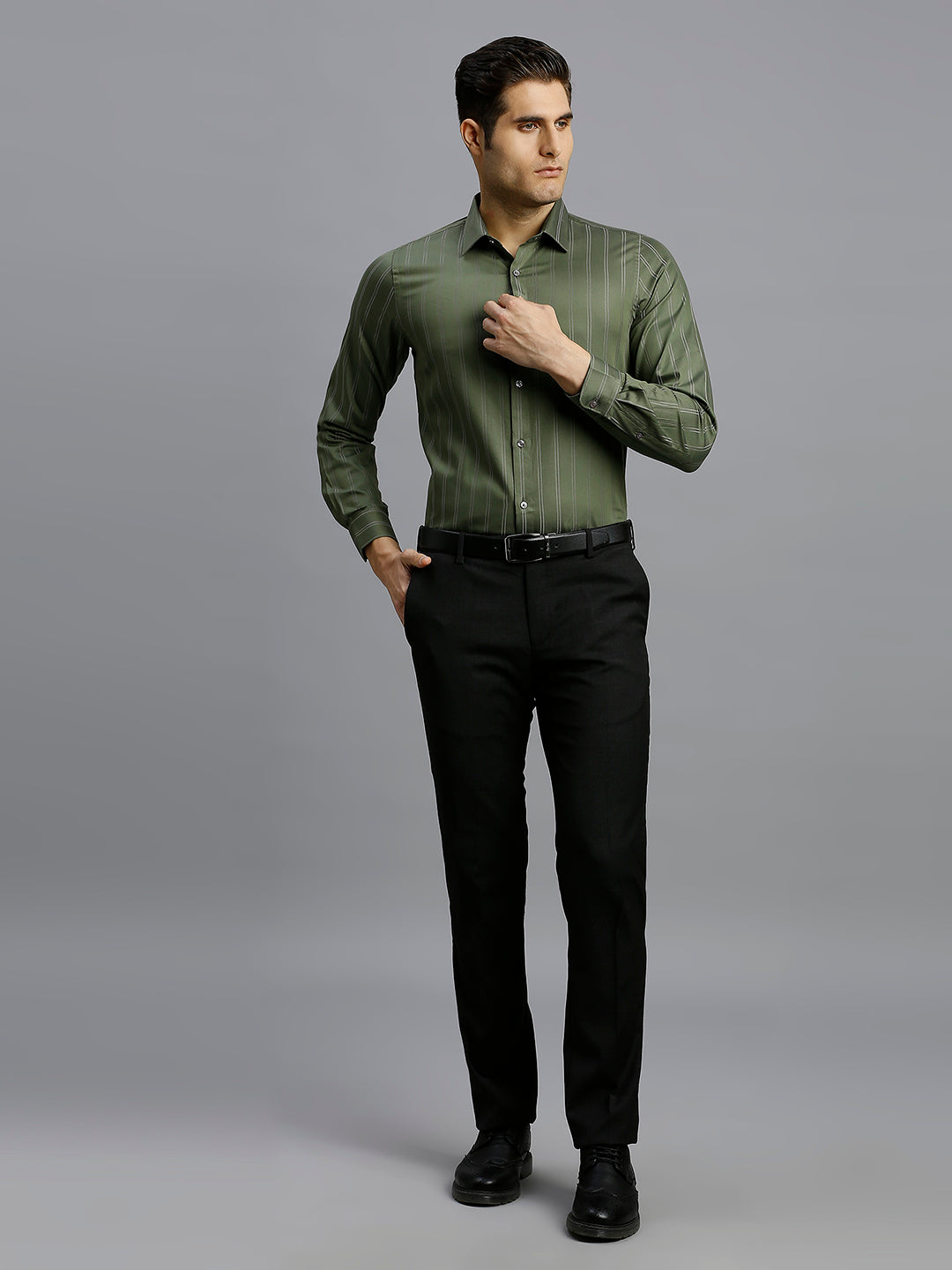 Olive Stripe 100% Cotton Slim Fit Formal Full Sleeve Shirt