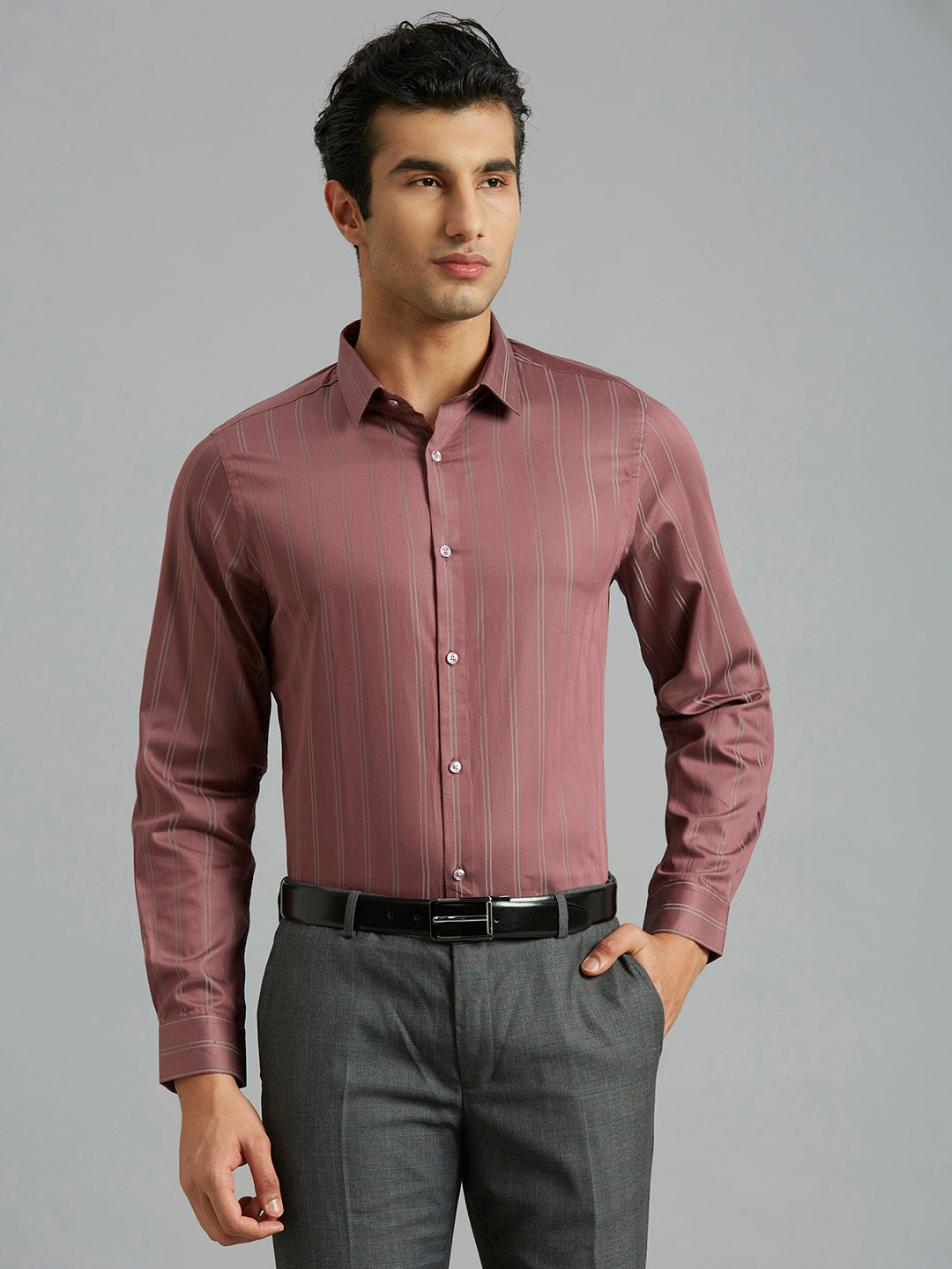 Wine Stripe 100% Cotton Slim Fit Formal Full Sleeve Shirt