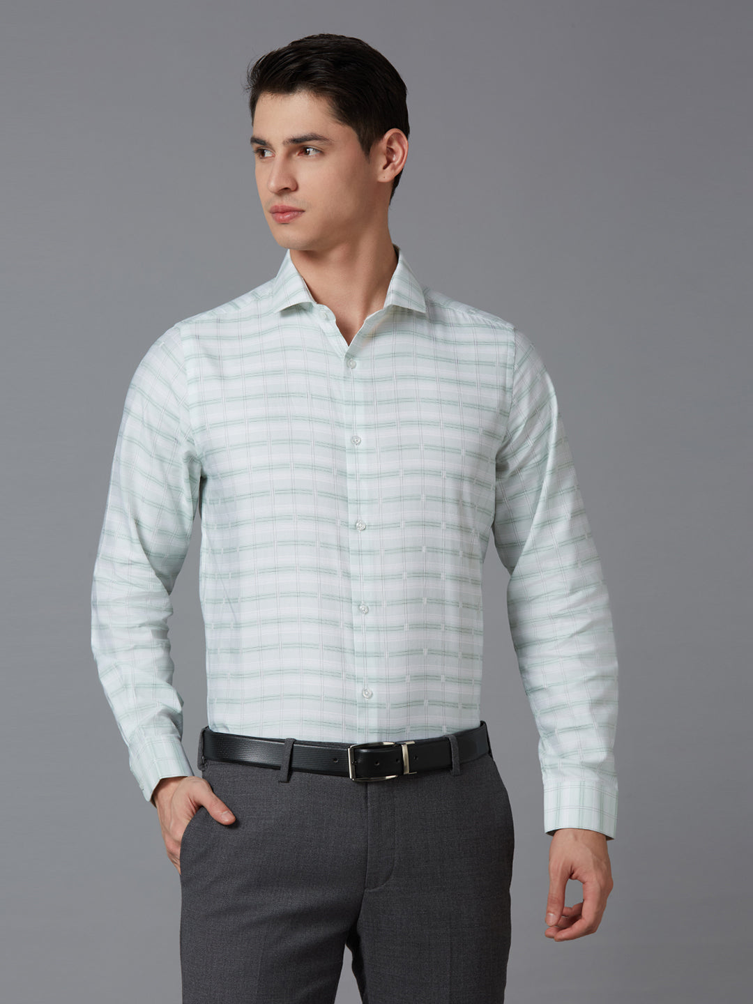 White & Green Checks 100% Cotton Slim Fit Formal Full Sleeve Shirts