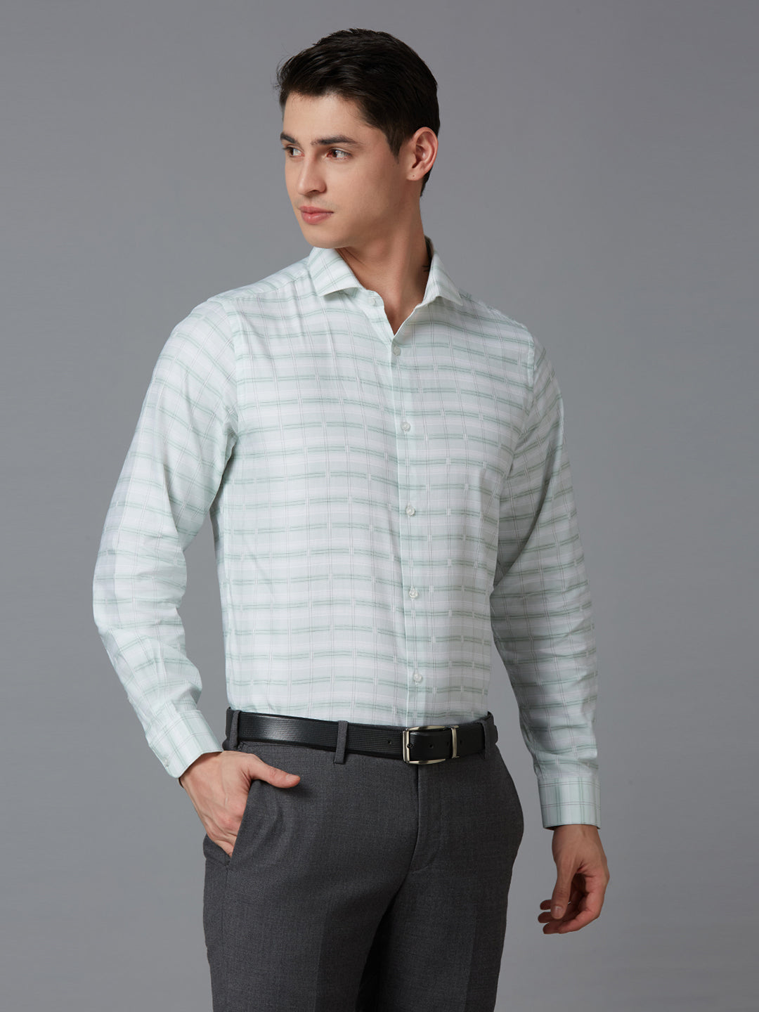 White & Green Checks 100% Cotton Slim Fit Formal Full Sleeve Shirts