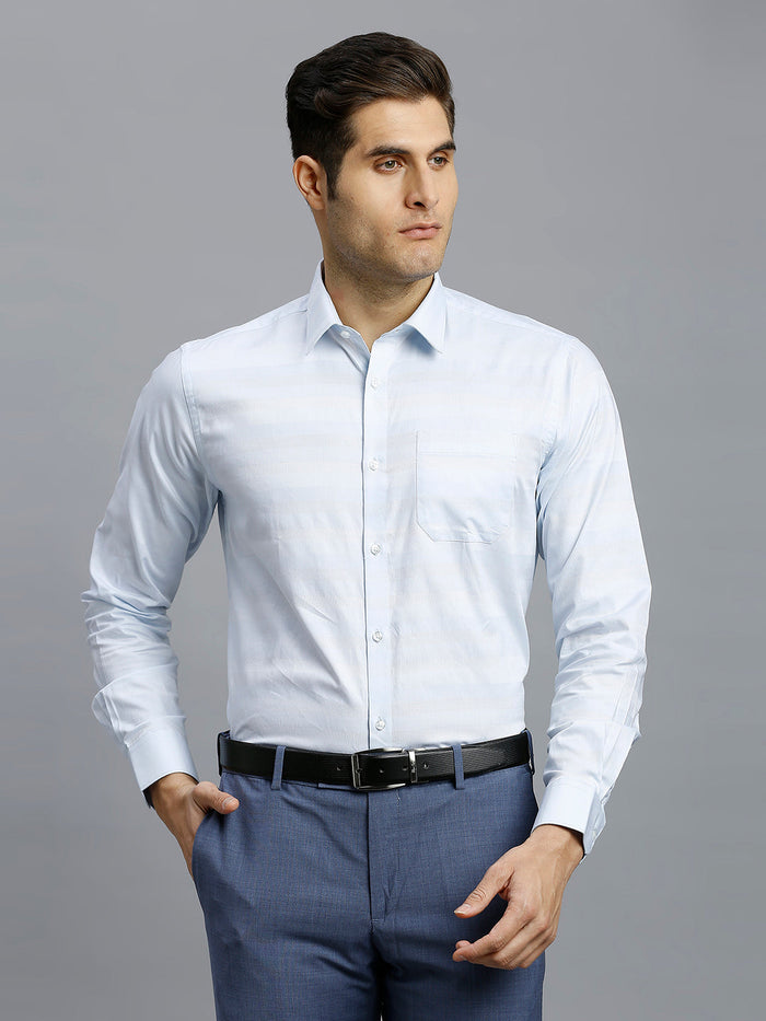 Men's Pure Cotton Dobby Stripe Dobby Stripe Regular Fit Full Sleeve Formal Shirt - Light Blue