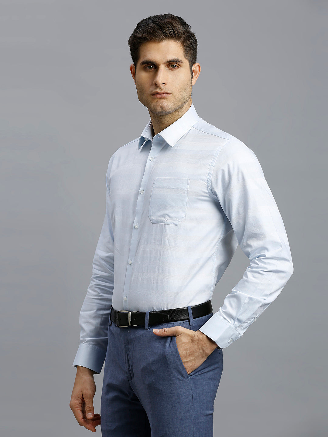 Light Blue Dobby Stripe 100% Cotton Regular Fit Formal Full Sleeve Shirt