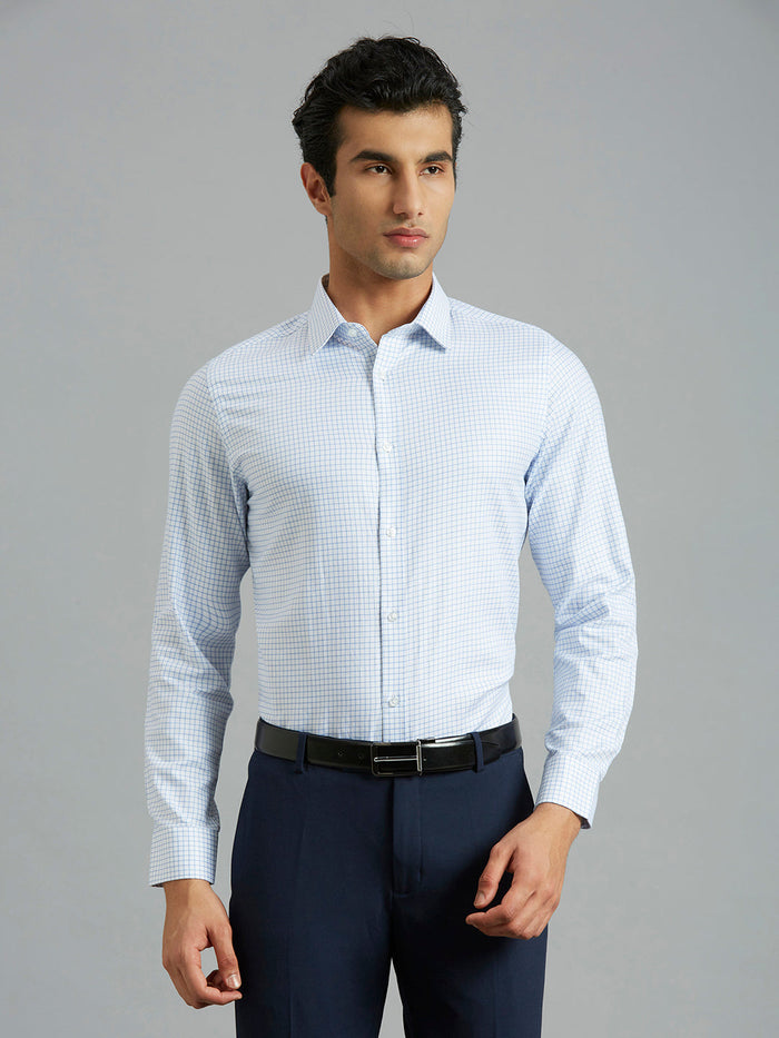 Men's Pure Cotton Checks Slim Fit Full Sleeve Formal Shirt - White & Blue