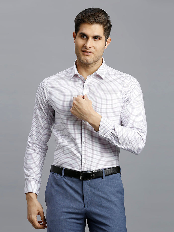 Men's Pure Cotton Checks Slim Fit Full Sleeve Formal Shirt - White & Blue