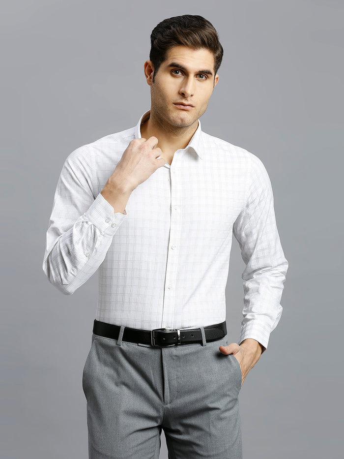 Men's Pure Cotton Checks Slim Fit Full Sleeve Formal Shirt - White & Brown