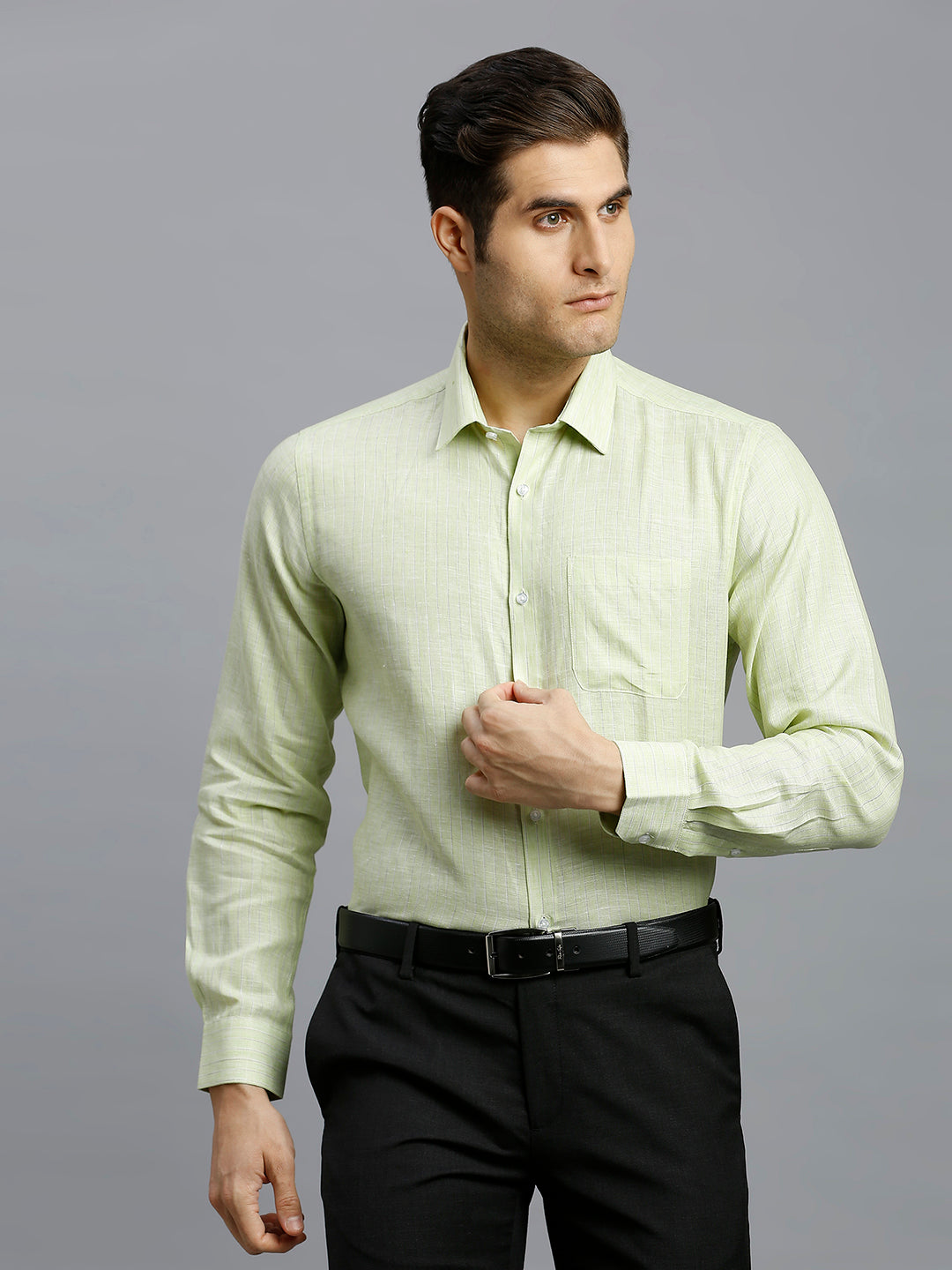 Green & Brown Stripe 100% Linen Regular Fit Formal Full Sleeve Shirt