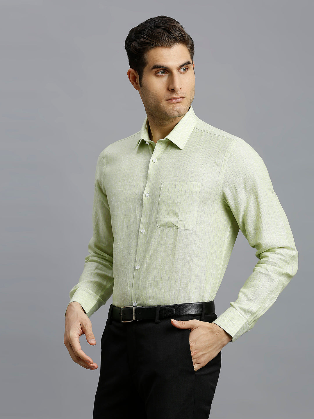 Green & Brown Stripe 100% Linen Regular Fit Formal Full Sleeve Shirt