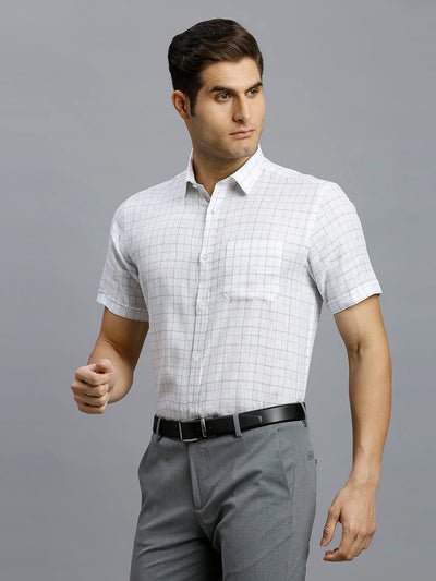White & Blue Checks 100% Linen Regular Fit Formal Half Sleeve Shirt