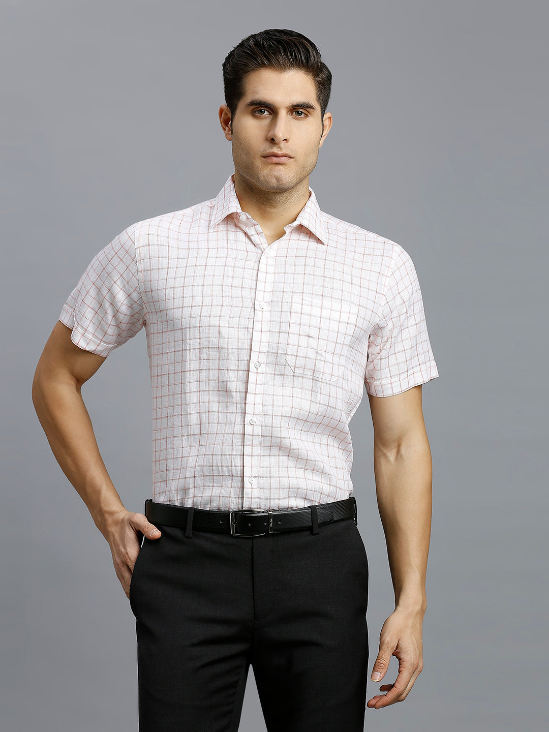 White Red Checks 100% Linen Regular Fit Formal Half Sleeve Shirt