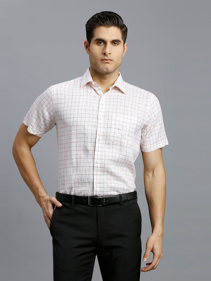 Men's Linen Checks Regular Fit Half Sleeve Formal Shirt - White & Red