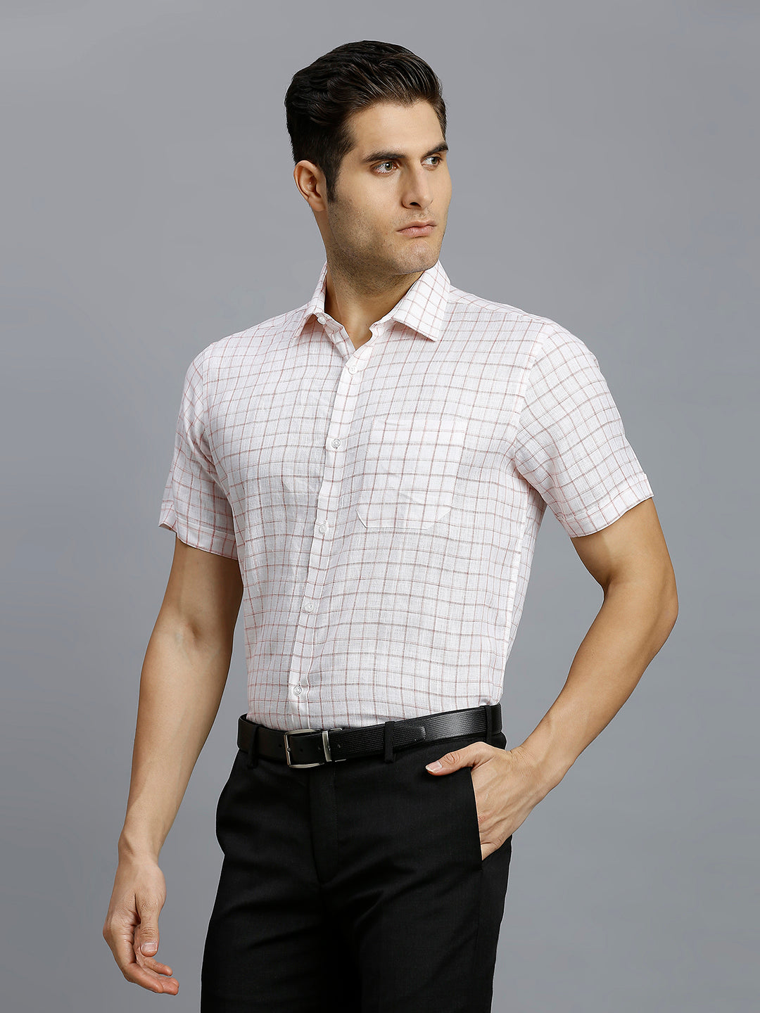 White Red Checks 100% Linen Regular Fit Formal Half Sleeve Shirt