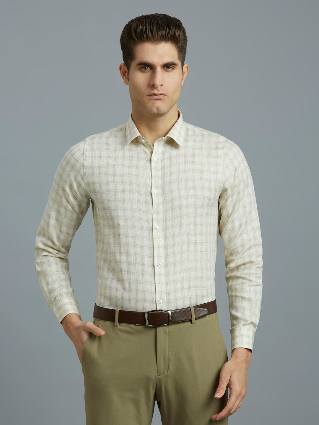 Beige & Blue Checks 100% Linen Regular Fit Formal Full Sleeve Shirt