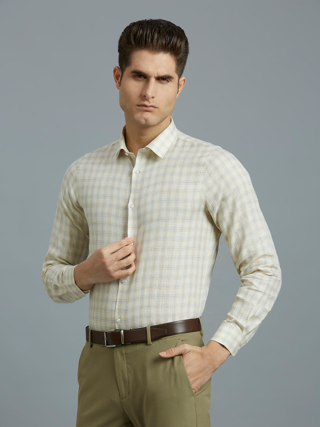 Beige & Blue Checks 100% Linen Regular Fit Formal Full Sleeve Shirt