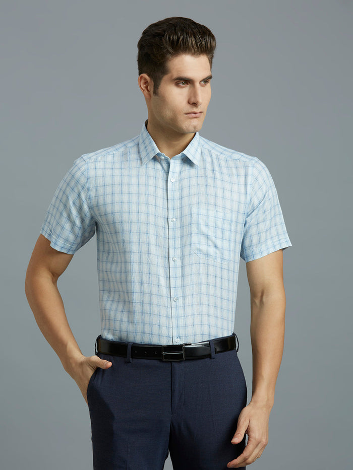 Men's Linen Checks Regular Fit Half Sleeve Formal Shirt - White & Blue