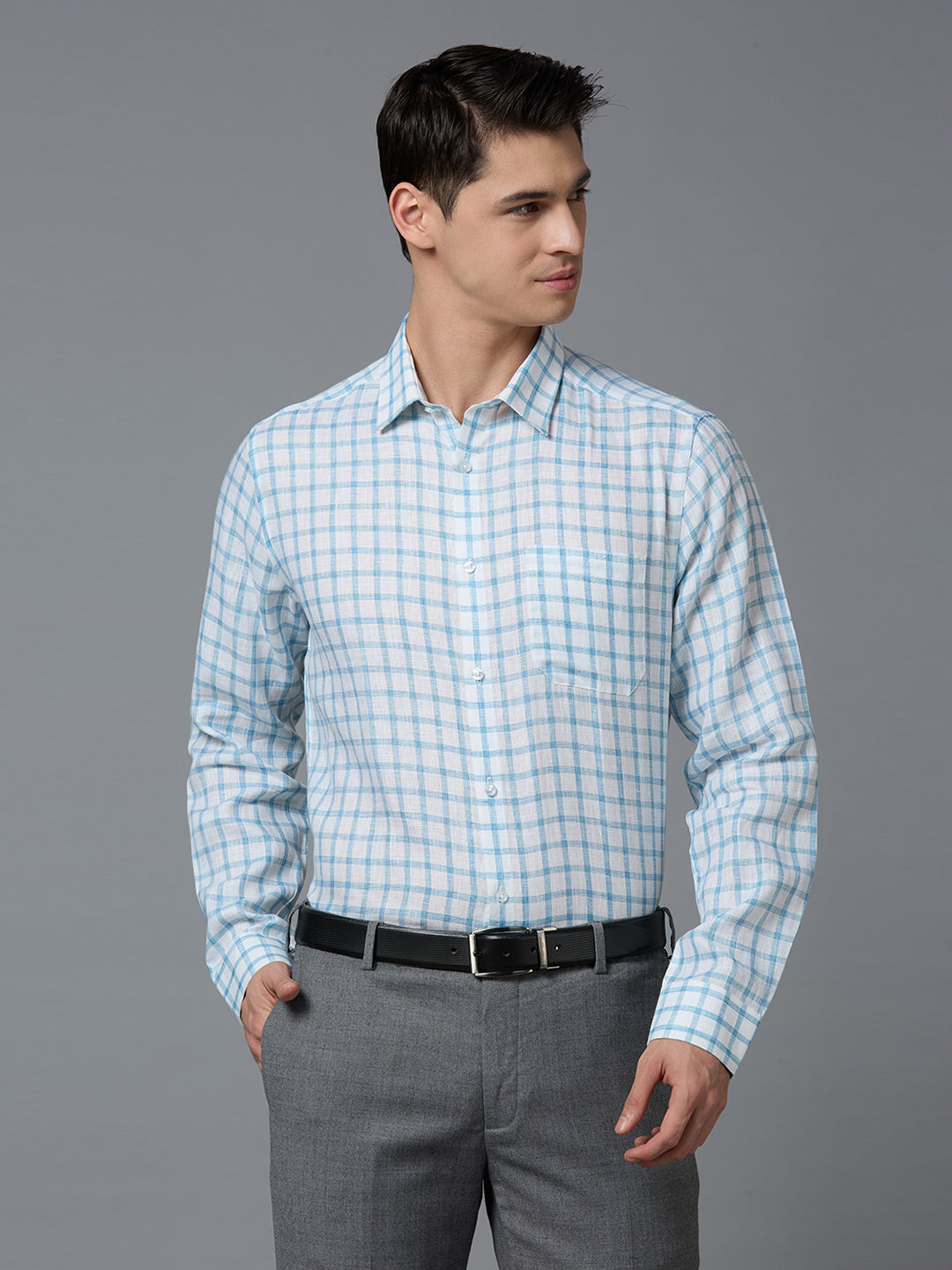 White & Aqua Checks 100% Linen Regular Fit Formal Full Sleeve Shirts