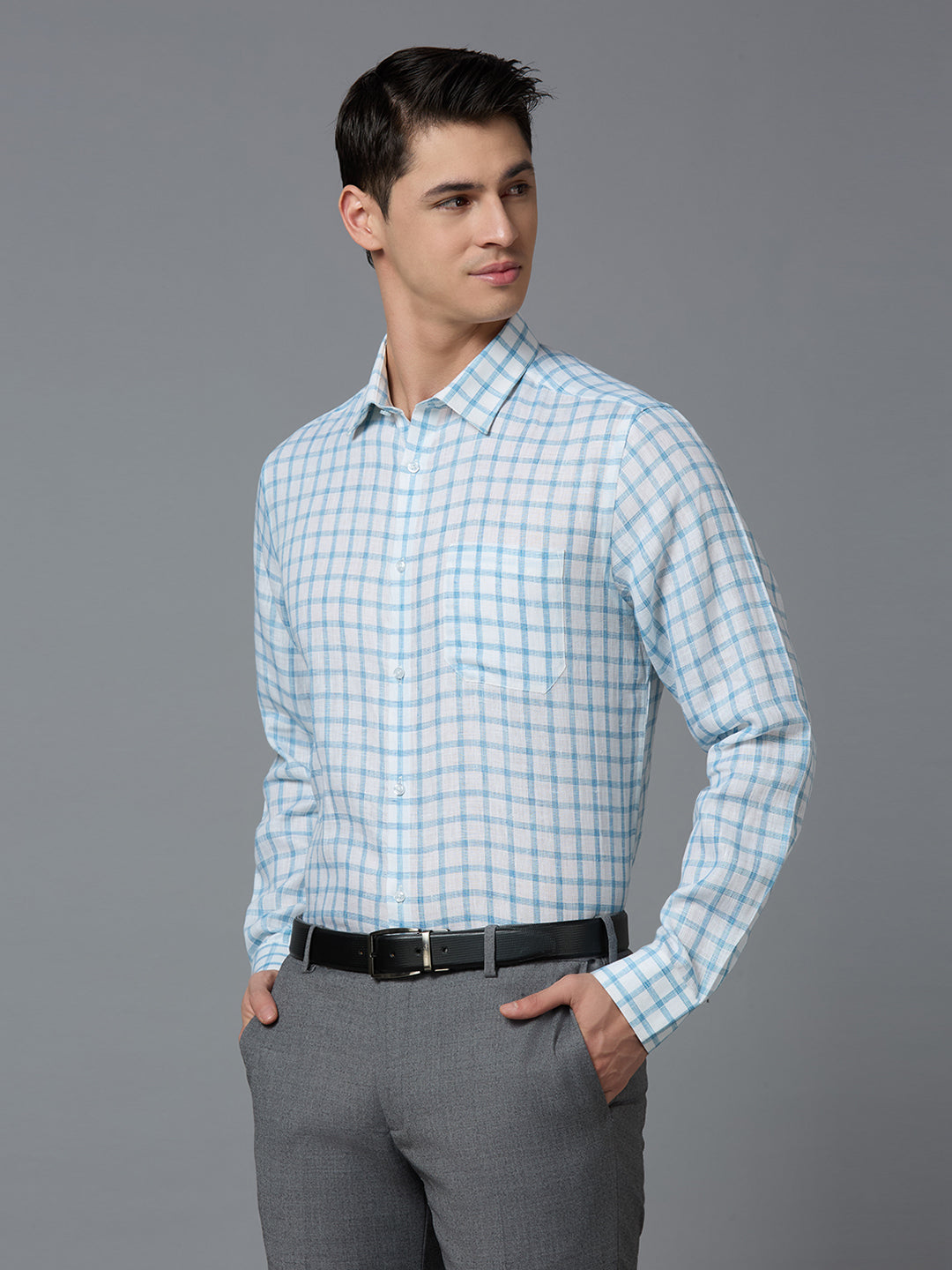 White & Aqua Checks 100% Linen Regular Fit Formal Full Sleeve Shirts