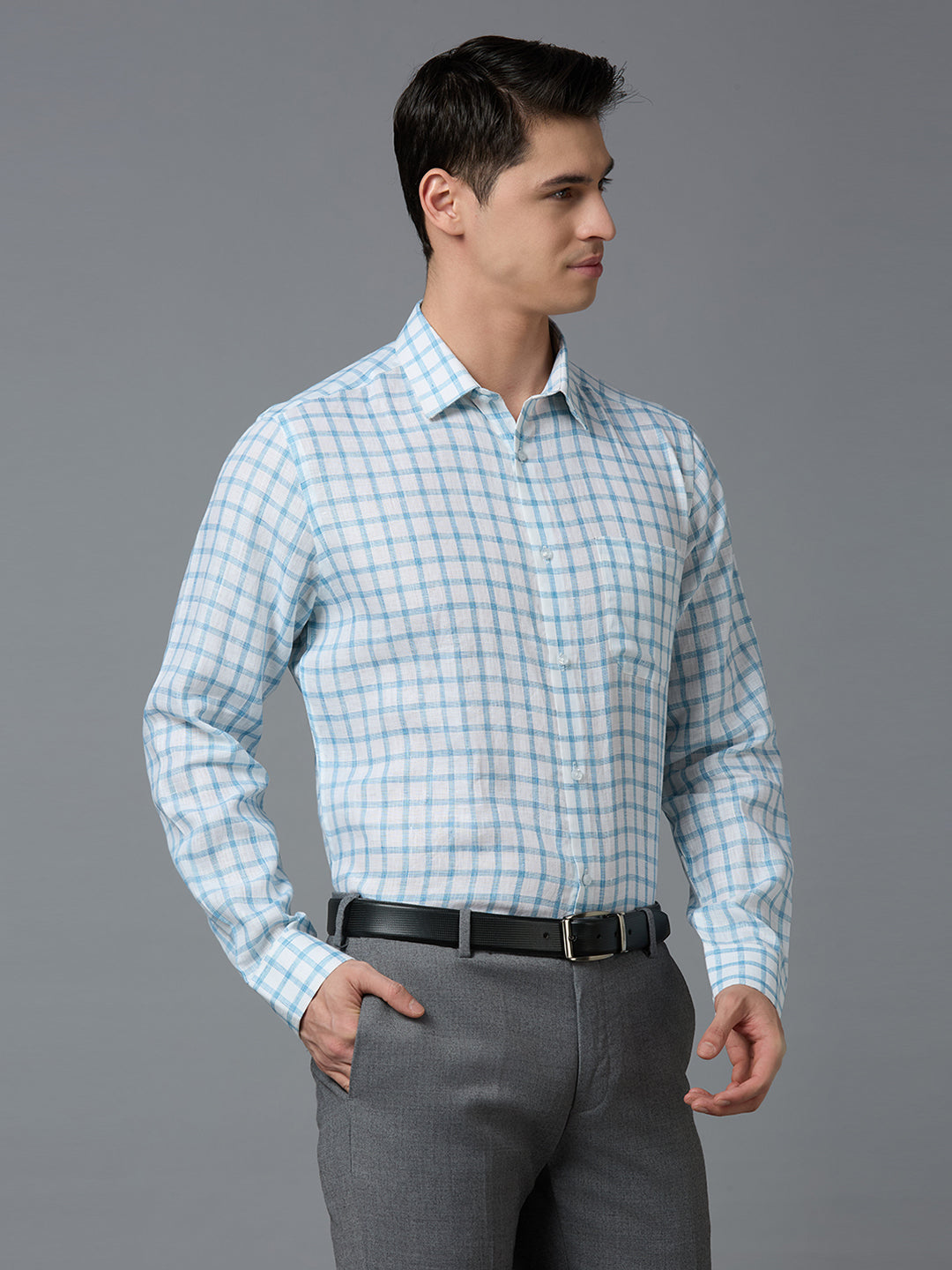 White & Aqua Checks 100% Linen Regular Fit Formal Full Sleeve Shirts