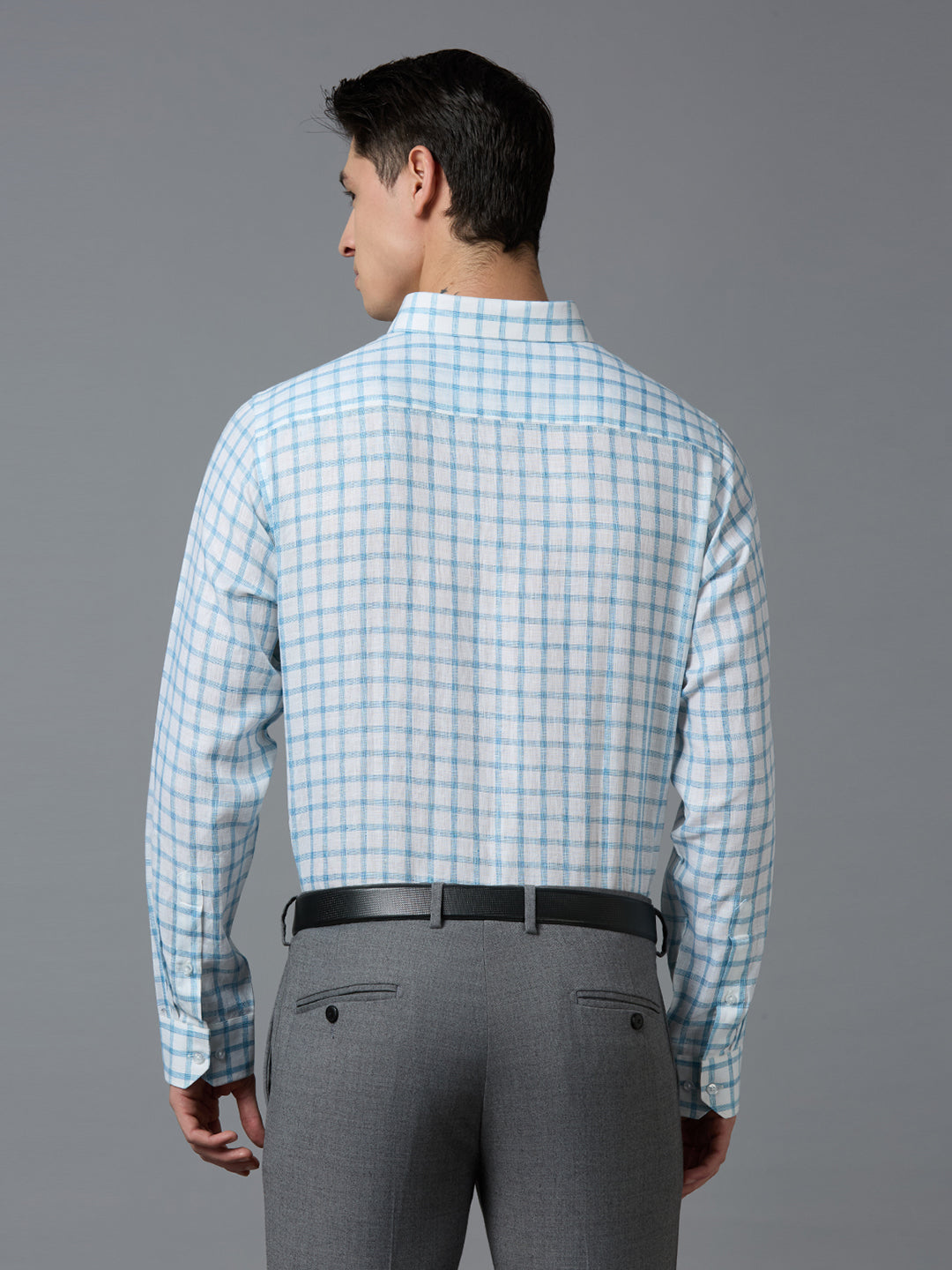 White & Aqua Checks 100% Linen Regular Fit Formal Full Sleeve Shirts