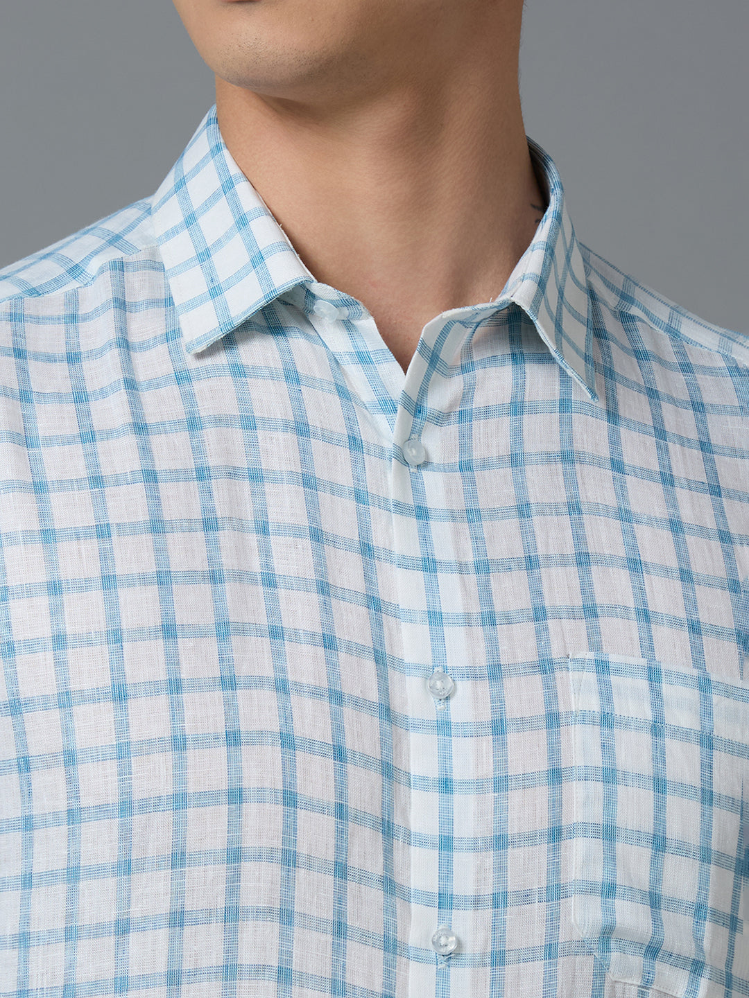 White & Aqua Checks 100% Linen Regular Fit Formal Full Sleeve Shirts