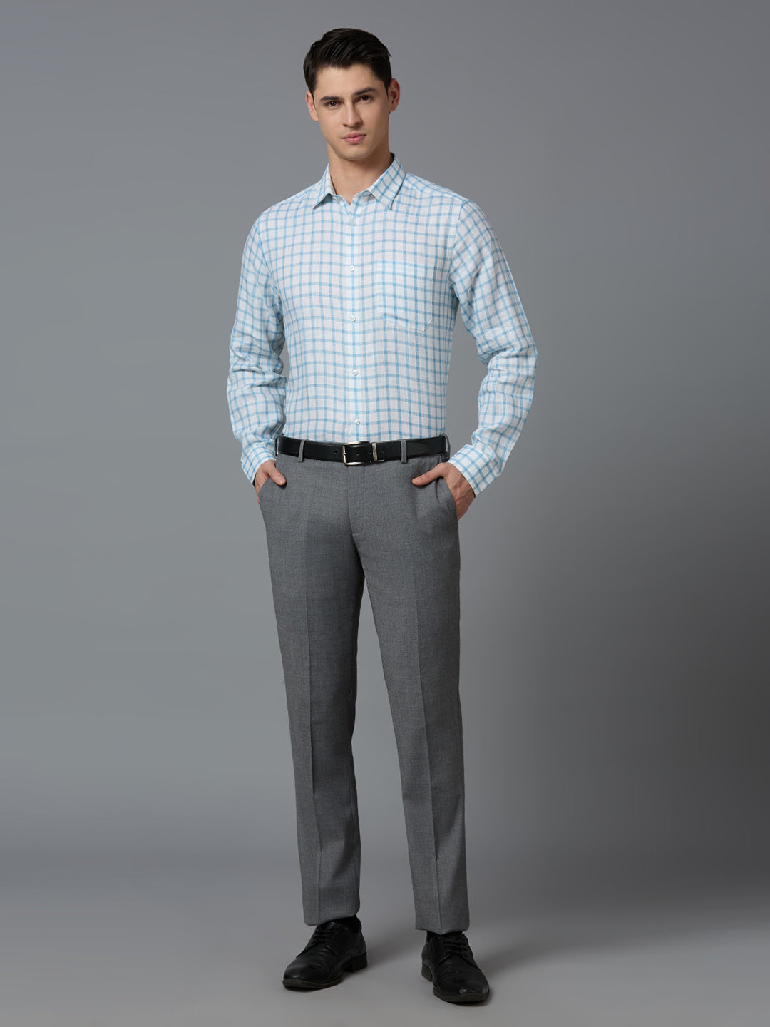 White & Aqua Checks 100% Linen Regular Fit Formal Full Sleeve Shirts