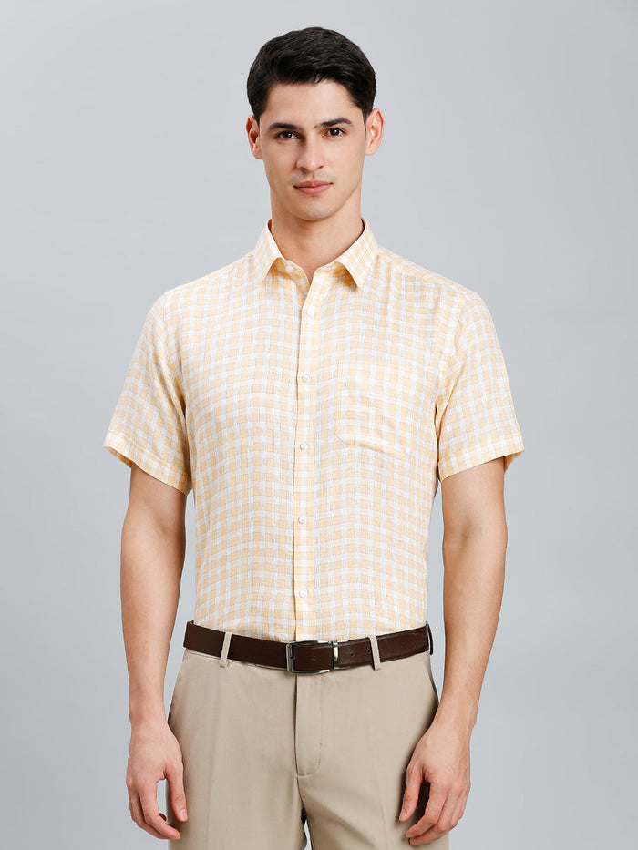 Men's Linen Checks Regular Fit Half Sleeve Formal Shirt - White & Orange