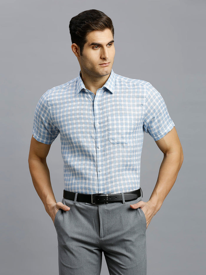 Men's Linen Checks Regular Fit Half Sleeve Formal Shirt - White & Blue