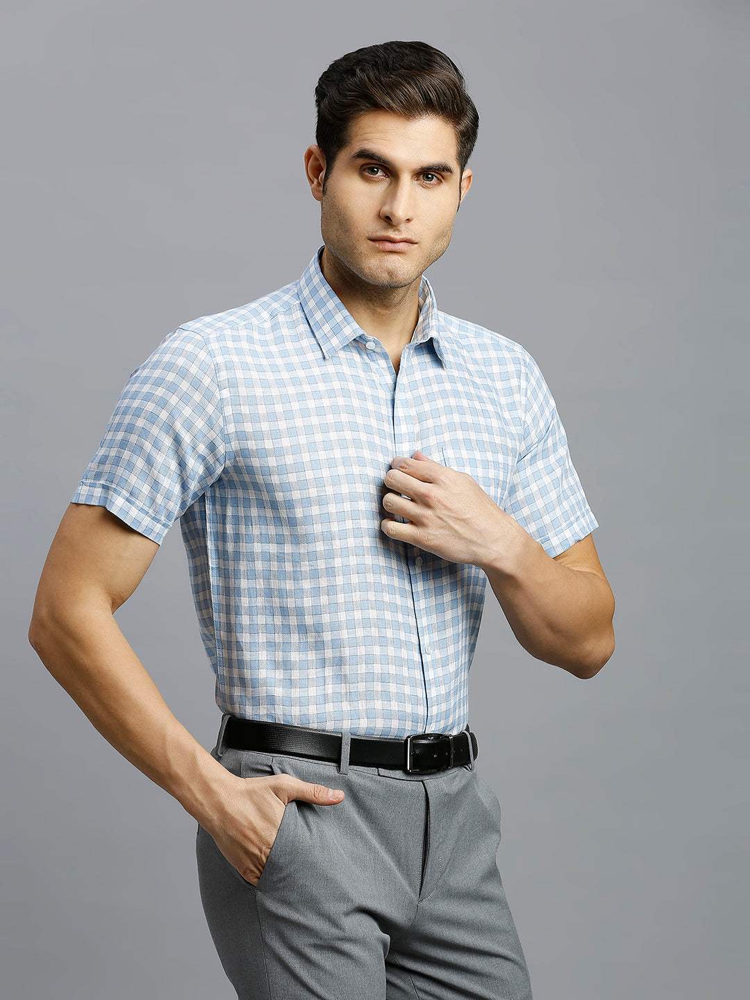 Best Premium Quality White & Blue Checks 100% Linen Regular Fit Formal Half Sleeve Shirt