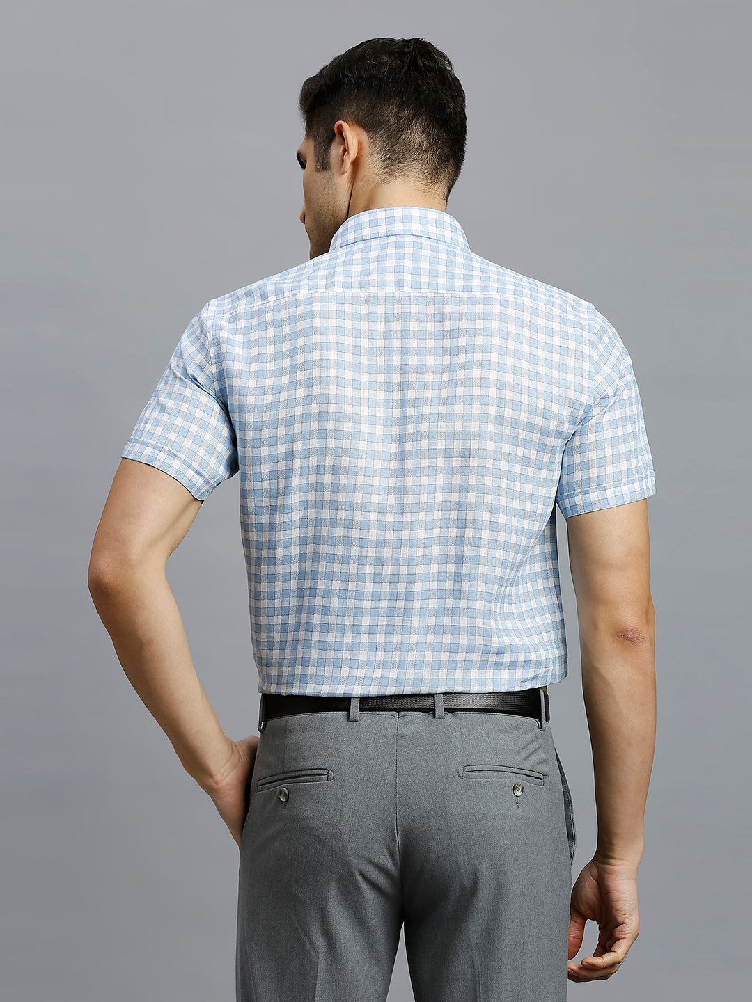 Best Premium Quality White & Blue Checks 100% Linen Regular Fit Formal Half Sleeve Shirt