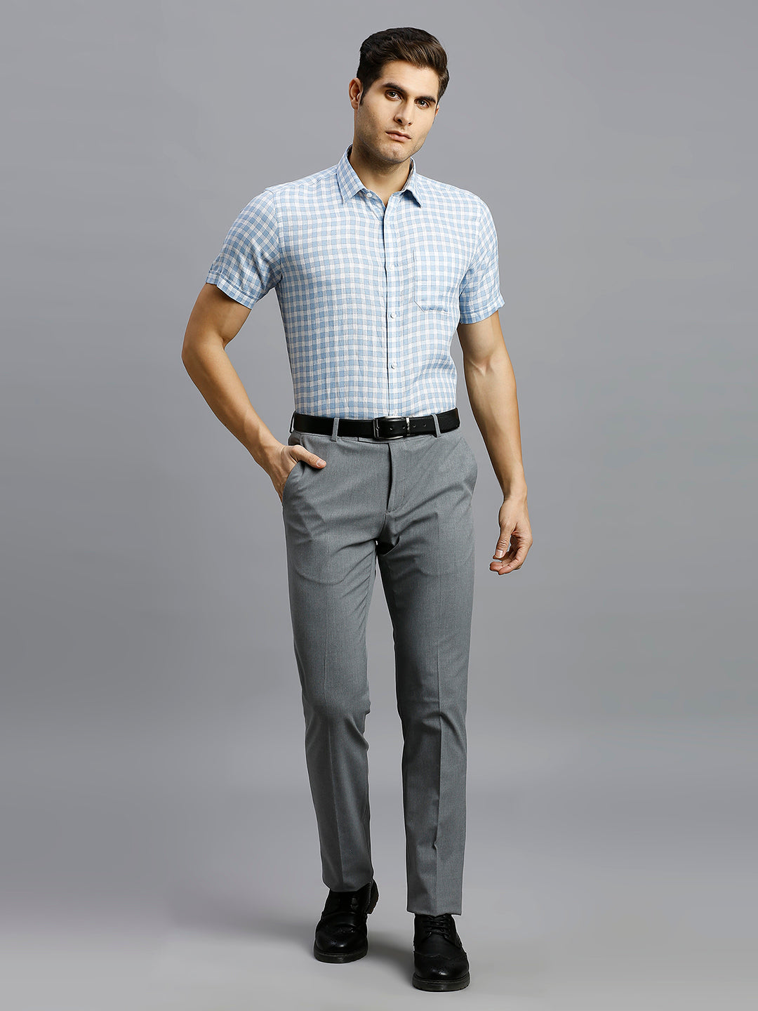 Best Premium Quality White & Blue Checks 100% Linen Regular Fit Formal Half Sleeve Shirt