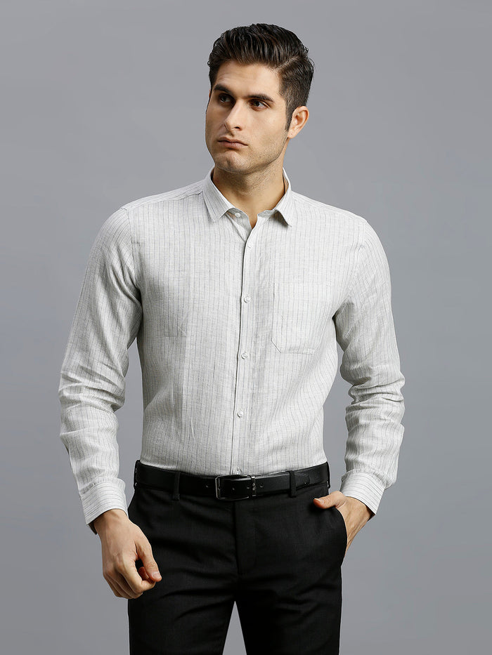 Men's Linen Stripe Stripe Regular Fit Full Sleeve Formal Shirt - White & Green