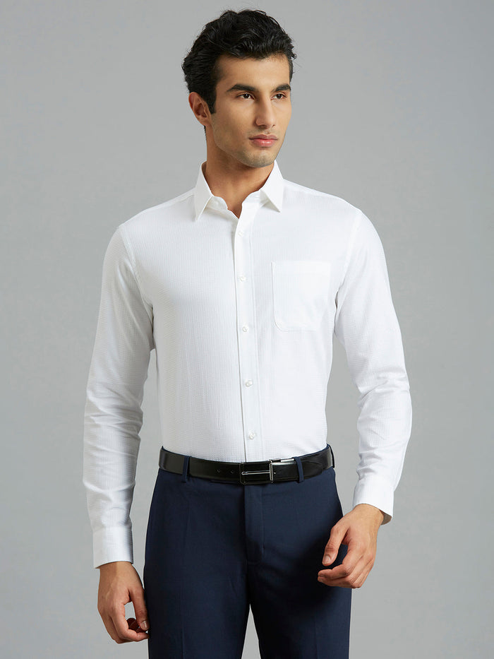 Men's Pure Cotton Dobby Solid Regular Fit Full Sleeve Formal Shirt - White