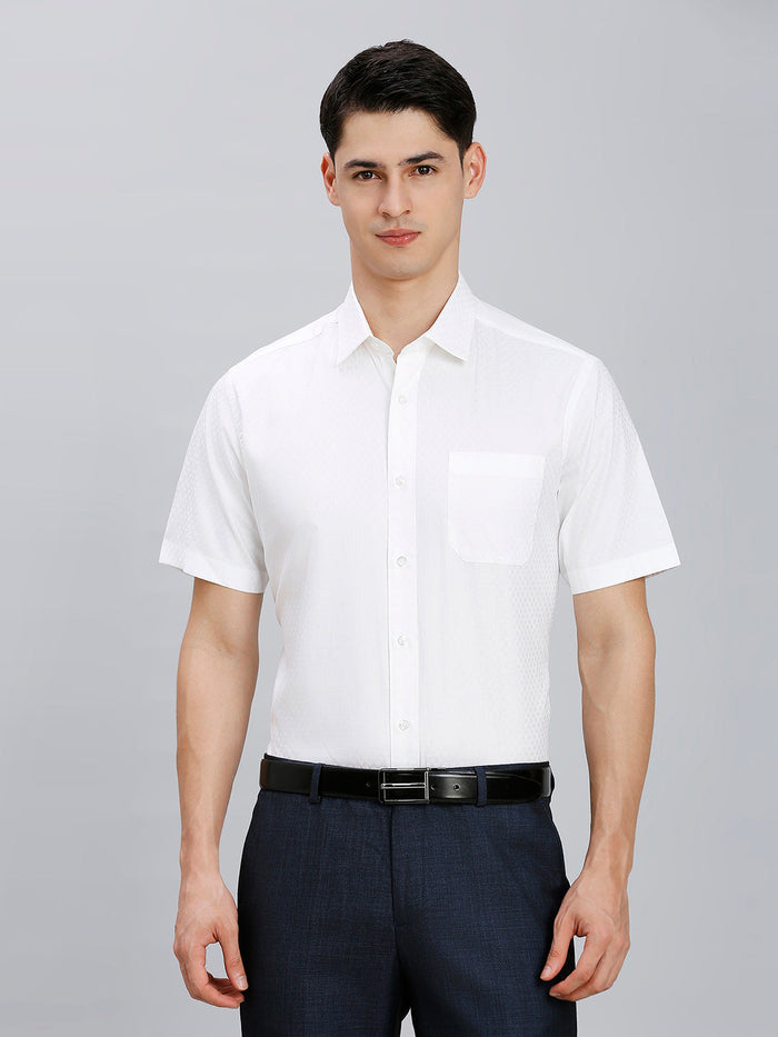 Men's Pure Cotton Dobby Solid Regular Fit Half Sleeve Formal Shirt - White