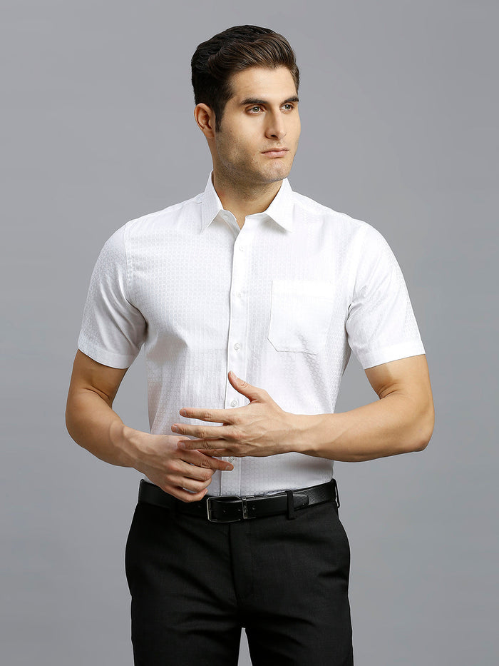 Men's Pure Cotton Dobby Solid Regular Fit Half Sleeve Formal Shirt - White