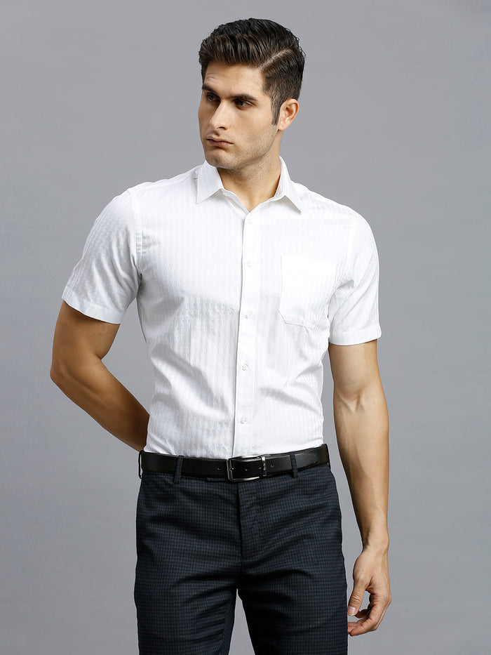 Men's Pure Cotton Dobby Solid Regular Fit Half Sleeve Formal Shirt - White