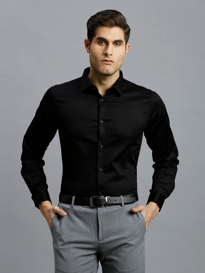 Men's Cotton Stretch Plain Slim Fit Full Sleeve Formal Shirt - Black