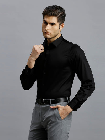 Men's Cotton Stretch Plain Slim Fit Full Sleeve Formal Shirt - Black