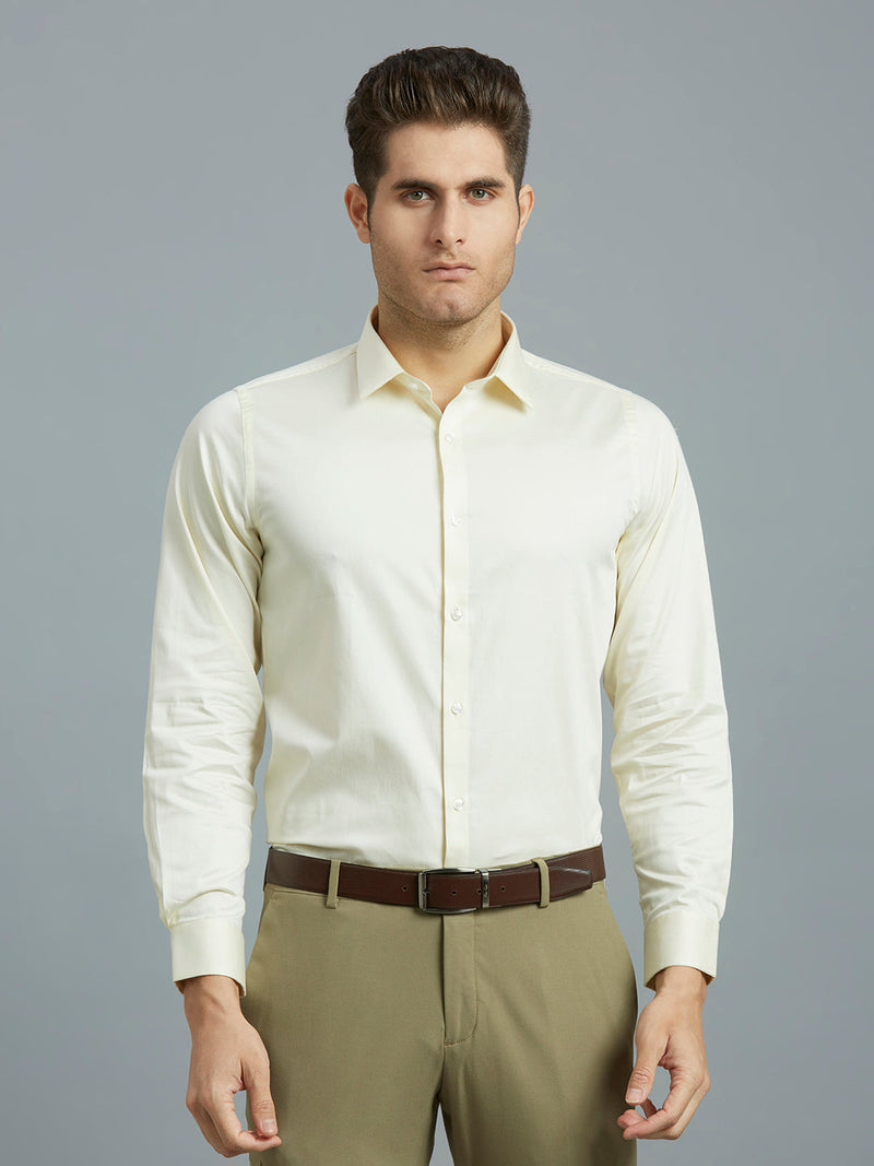 Cream Solid 60'S Satin Lycra Slim Fit Formal Full Sleeve Shirt