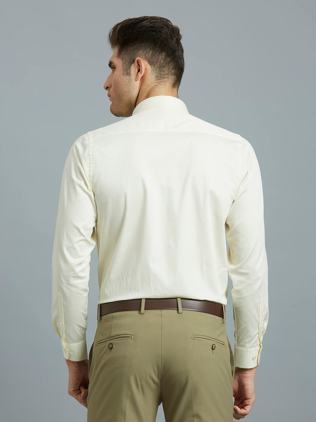 Cream Plain 60'S Satin Lycra Slim Fit Formal Full Sleeve Shirt