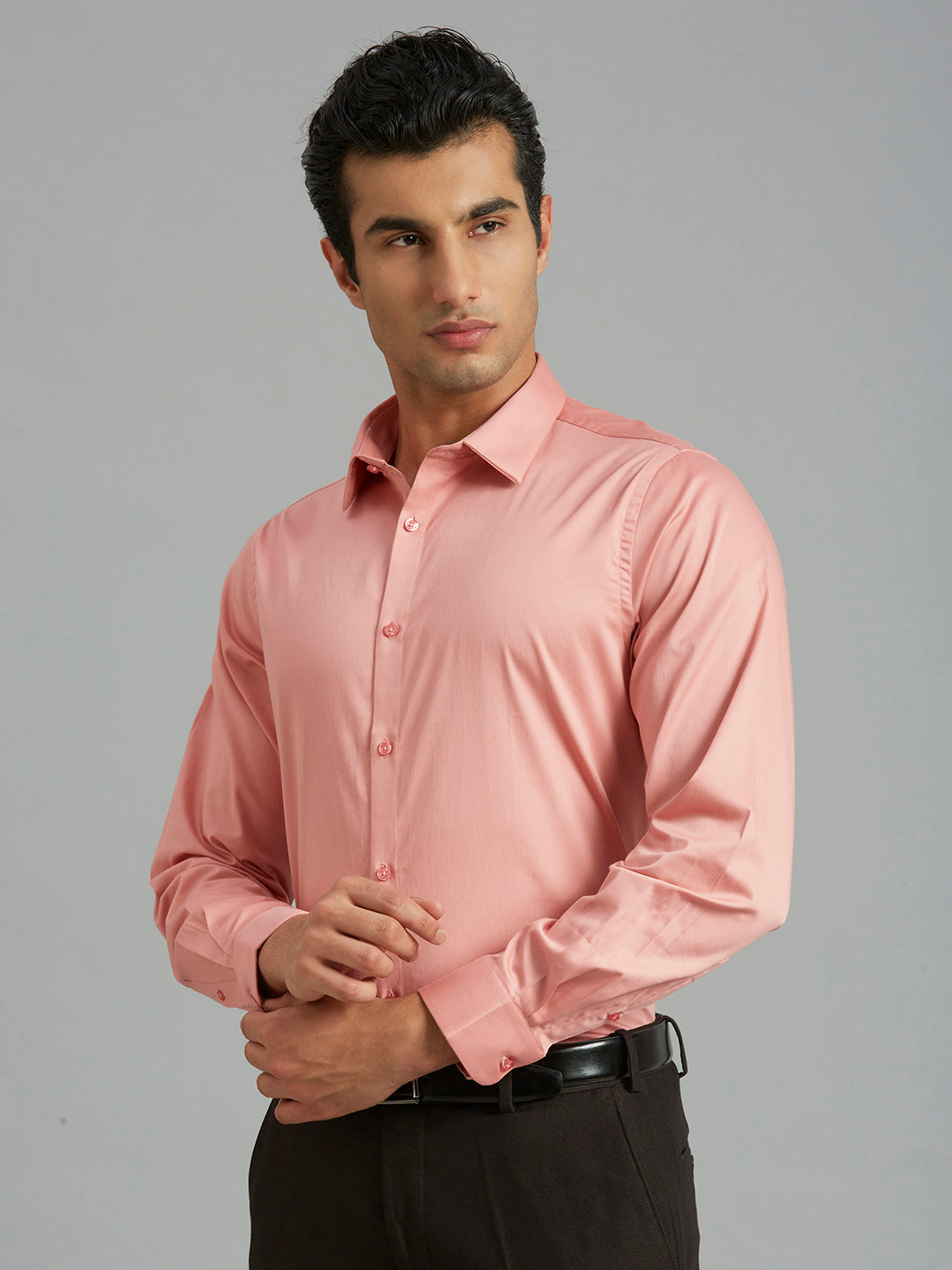 Dark Peach Solid 60'S Satin Lycra Slim Fit Formal Full Sleeve Shirt