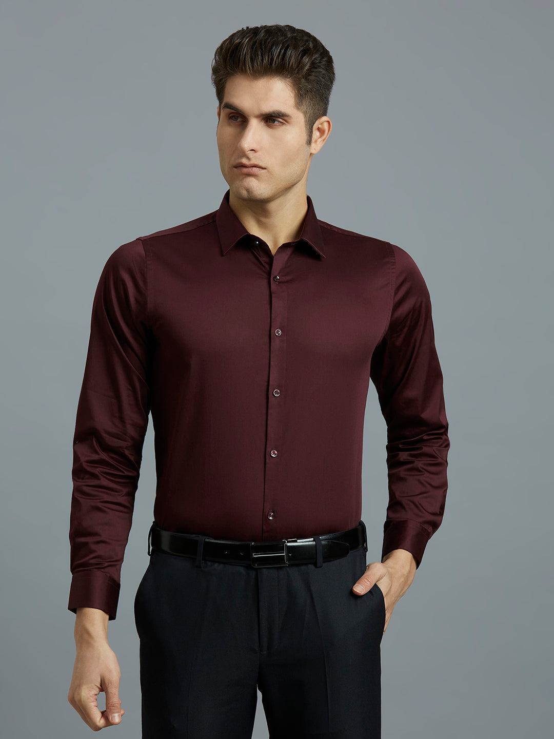 Dark Wine Solid 60'S Satin Lycra Slim Fit Formal Full Sleeve Shirt