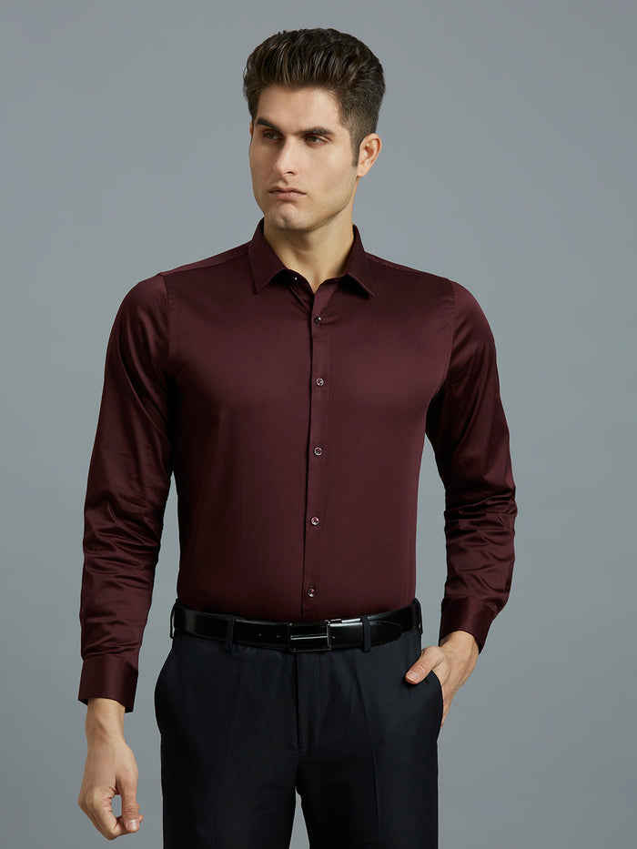 Men's Cotton Stretch Plain Slim Fit Full Sleeve Formal Shirt - Dark Red