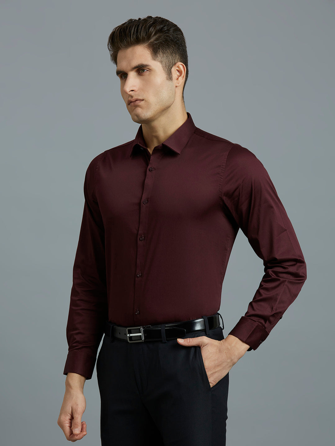 Dark Wine Solid 60'S Satin Lycra Slim Fit Formal Full Sleeve Shirt