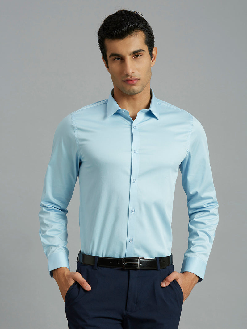 Light Blue Solid 60'S Satin Lycra Slim Fit Formal Full Sleeve Shirt
