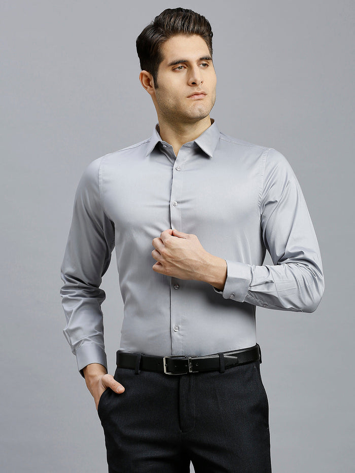 Men's Cotton Stretch Plain Slim Fit Full Sleeve Formal Shirt - Light Grey