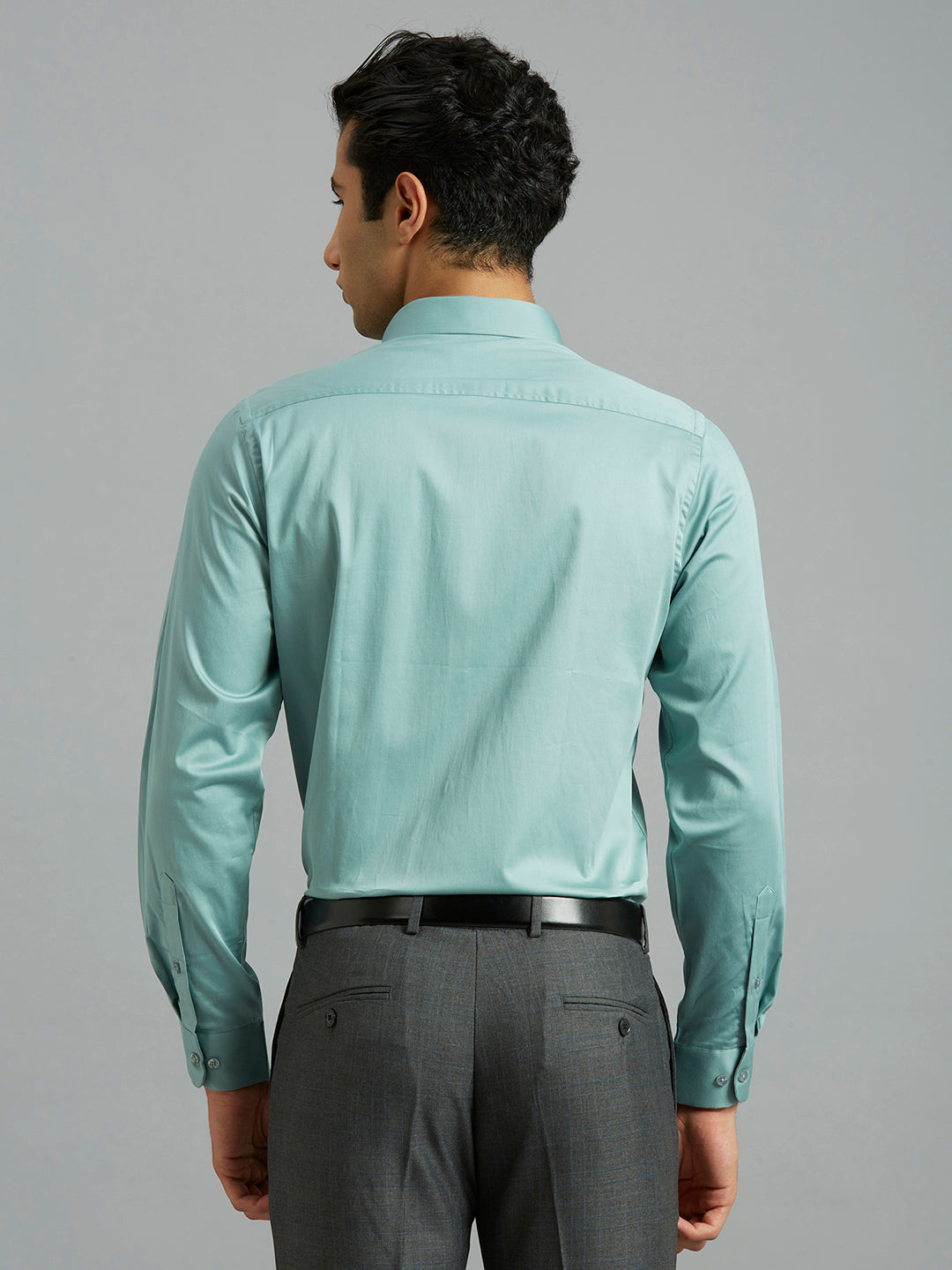 Mint Green Plain 60'S Satin Lycra Slim Fit Formal Full Sleeve Shirt