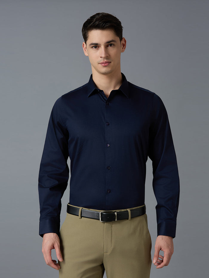Men's Cotton Stretch Plain Slim Fit Full Sleeve Formal Shirt - Blue